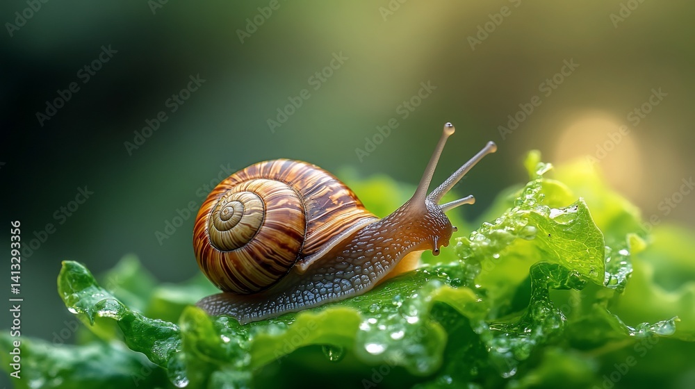 Snail crawling on wet lettuce, outdoor close-up with blurred green background Snail crawling on wet lettuce, outdoor close-up with blurred green background