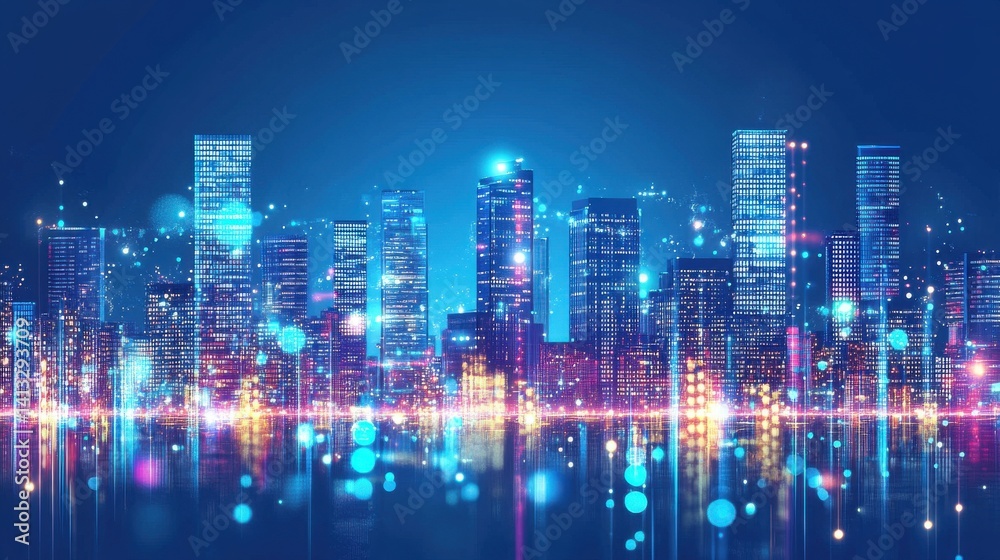 Obraz premium Vibrant Night Cityscape with Colorful Lights and Reflections