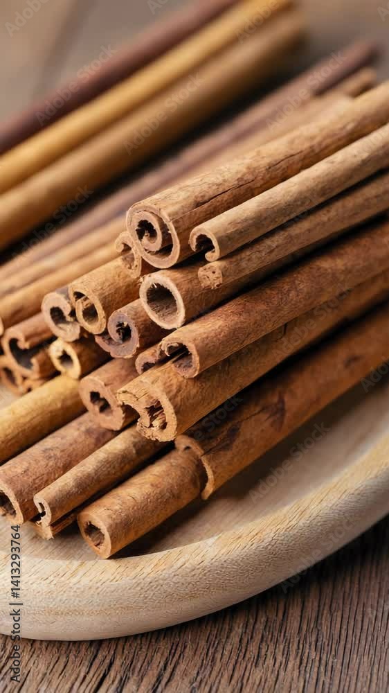 Close-up view of aromatic cinnamon sticks arranged on wooden background