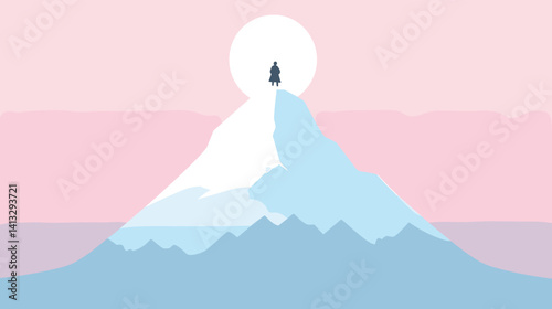 Silhouette on snowy mountain peak at sunrise in minimalist pastel landscape flat vector illustration