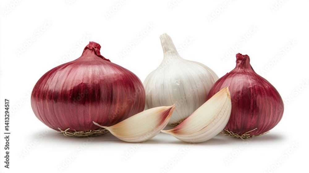Obraz premium Two red onions and a garlic bulb with cloves, isolated on white
