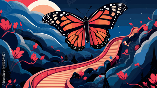 Monarch butterfly and lunar pathway in night garden flat vector illustration