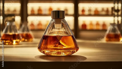 Exquisite Whiskey Still Life, Amber Liquid in Pyramid Decanter on Wood Bar Counter