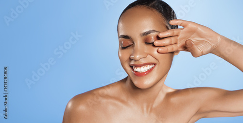 High quality image, picturing a beautiful woman with radiant smile, enjoying fresh and clean feeling, touches clear face without blemishes, hydrated skin barrier with moisturizer and serum
