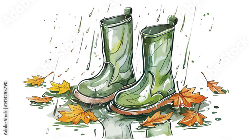 Rainy Day Delight: Colorful Gumboots Splashing in Autumn Leaves fun red art fall water happy green  