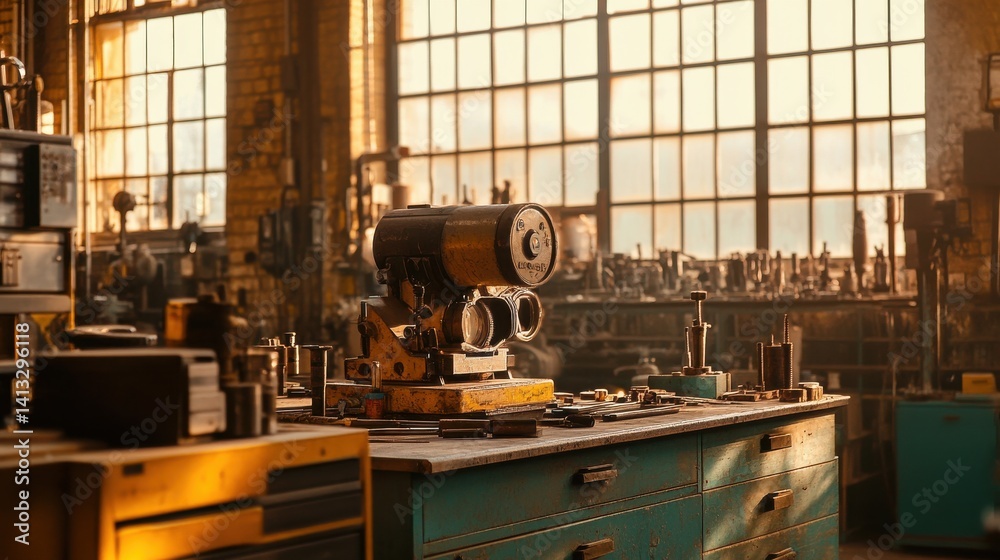 Fototapeta premium Vintage Workshop with Machining Tools and Warm Natural Light