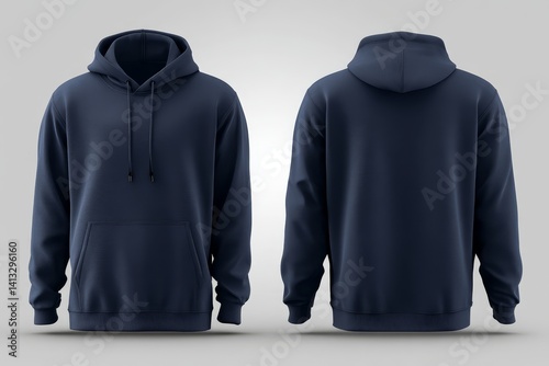 Navy Blue Hooded Sweatshirt Mockup - Front and back view of a navy blue hooded sweatshirt mockup, perfect for showcasing designs or branding