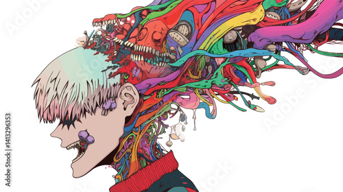 Vibrant abstract anime art with surreal elements and colorful details flat vector illustration