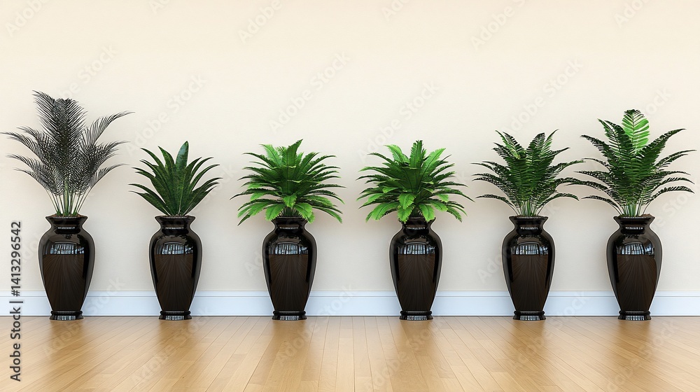 Obraz premium Modern plant display in a minimalist interior. Potted plants in sleek black vases arranged in a row against a beige wall on a light wooden floor