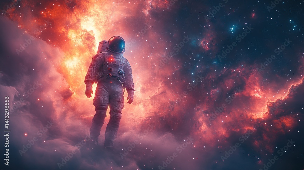 Naklejka premium Astronaut in a Nebula: A Cosmic Journey