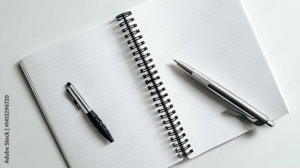 A detailed view of a notebook with two pens, ready for writing on a blank page. A detailed view of a notebook with two pens, ready for writing on a blank page.