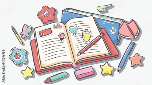 Cute Hand-Decorated Notebook with Colorful Stickers: Flat Icon Design art fun diary paper craft happy
