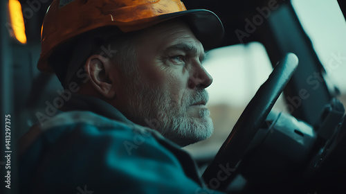 Mining worker operating a haul truck at a mining site. Featuring large vehicle operation and material transportation