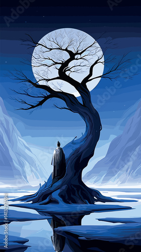 Mysterious night landscape with moonlit tree and solitary figure flat vector illustration