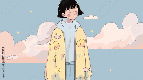 Asian female teen in cozy jacket with cloud designs, dreamy sky background flat vector illustration