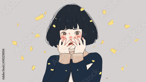 Surprised asian female teen with short black hair and yellow confetti flat vector illustration