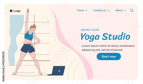 Female character stretching on yoga mat in home setting, flat graphic style, soft pastel background, concept of online fitness and wellness routine. Vector illustration