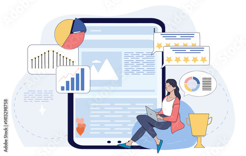 Woman sitting with laptop near large tablet screen surrounded by graphs, pie charts, rating stars, trophy on abstract background. Concept of analytics and performance. Flat cartoon vector illustration