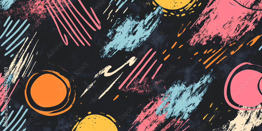 Abstract colorful background in doodle and sloppy strokes style. Hand drawn strokes, dots, lines and shapes. shabby grunge texture. flat. banner for design. dark background