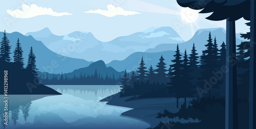 Scenic view of a serene mountain lake surrounded by pine trees and distant blue peaks under a bright morning sun on a clear sky background. Vector illustration
