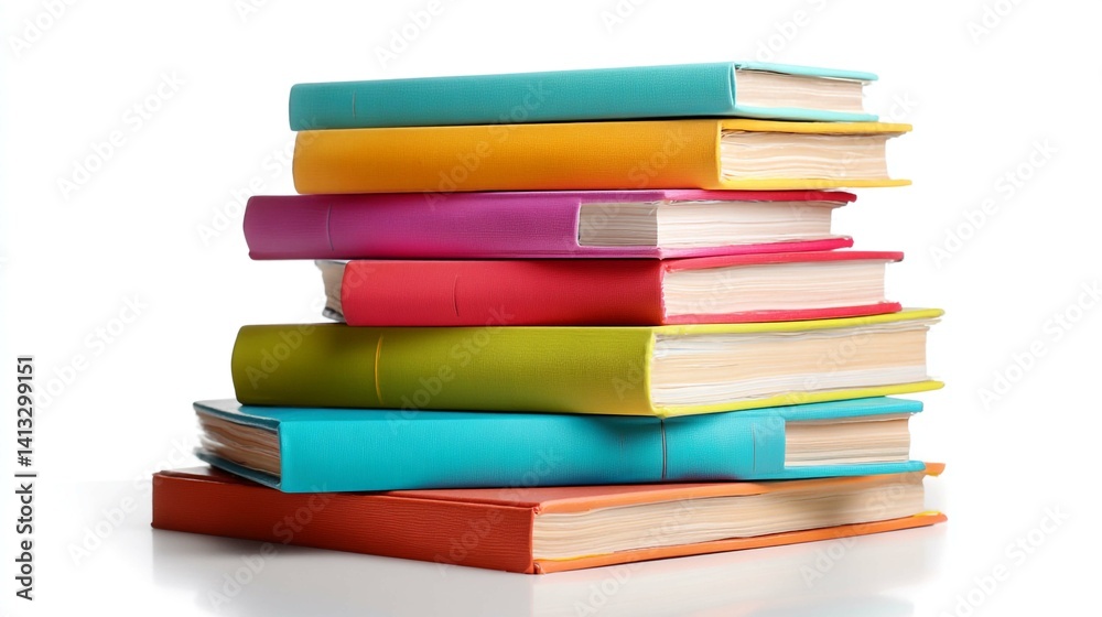 A vibrant stack of colorful books is neatly arranged on a white background, ready to be read. A vibrant stack of colorful books is neatly arranged on a white background, ready to be read.