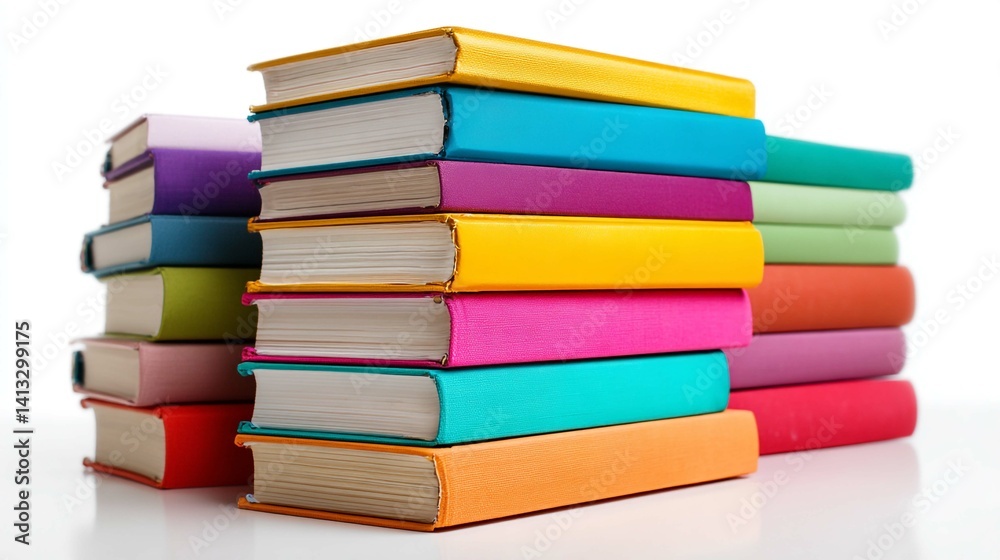 Fototapeta premium A colorful collection of stacked books in various hues, arranged against a white backdrop.