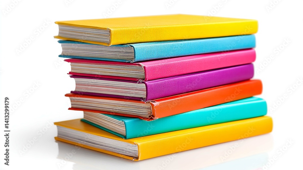 A stack of colorful hardcover books is displayed against a clean white background for a minimalistic aesthetic. A stack of colorful hardcover books is displayed against a clean white background for a minimalistic aesthetic.