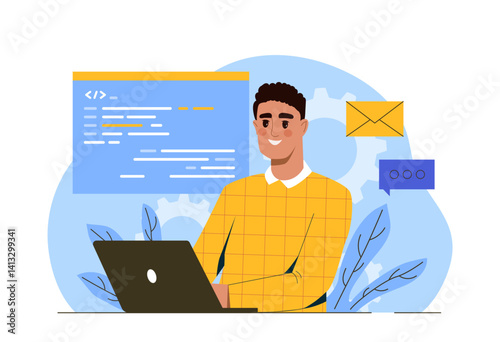 A smiling man in a yellow shirt working on a laptop with programming code, email, and chat icons around him on a light blue abstract background. Concept of software development. Vector illustration