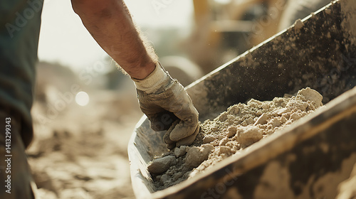 Mining worker operating a loader to transport mined materials at a mining site. Featuring material transport and heavy machinery