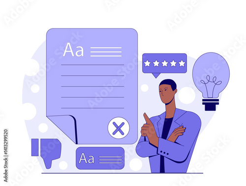 Man giving a thumbs down near a rejected document, surrounded by icons like stars and lightbulb, in flat graphic style on white background. Concept of criticism. Vector illustration