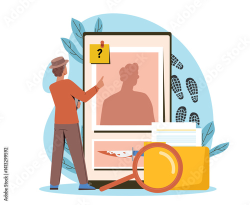 A man examining a suspect board with a question mark, knife, and documents, set on a white background with footprint icons and leaves. Vector illustration