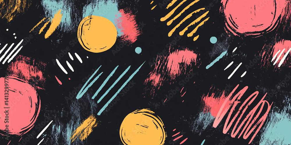 Abstract colorful background in doodle and sloppy strokes style. Hand drawn strokes, dots, lines and shapes. shabby grunge texture. flat. banner for design. dark background