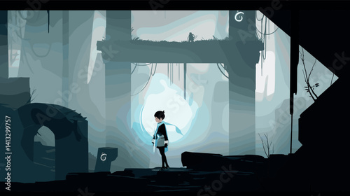 Young caucasian girl exploring mystical ruins in mysterious forest flat vector illustration