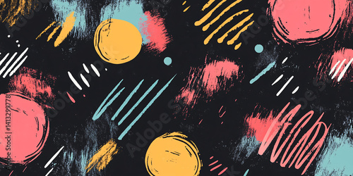 Obraz na płótnie Abstract colorful background in doodle and sloppy strokes style. Hand drawn strokes, dots, lines and shapes. shabby grunge texture. flat. banner for design. dark background w salonie