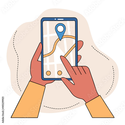 Hands Holding Smartphone with Map and Blue Location Marker.