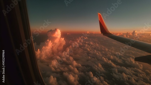 Sunset over a sea of clouds captured from an airplane window, featuring golden light and dramatic skies during high-altitude flight.