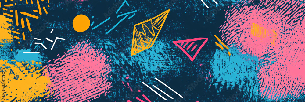 Abstract colorful background in doodle and sloppy strokes style. Hand drawn strokes, dots, lines and shapes. shabby grunge texture. flat. banner for design. dark background