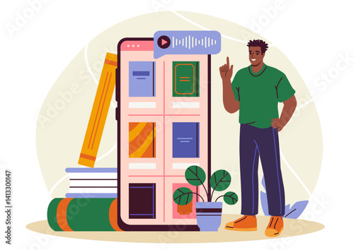 A man stands beside a large smartphone showing audiobook covers, surrounded by books and a plant, on a light abstract background. Concept of digital reading. Vector illustration