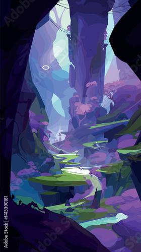 Enchanted purple forest landscape with waterfall and towering cliffs flat vector illustration