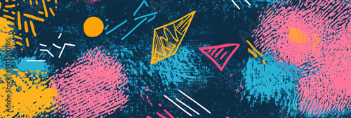 Obraz na płótnie Abstract colorful background in doodle and sloppy strokes style. Hand drawn strokes, dots, lines and shapes. shabby grunge texture. flat. banner for design. dark background w salonie