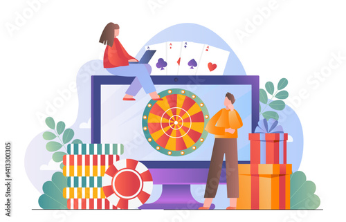 Two people using a laptop and standing near a large screen showing a roulette wheel, surrounded by poker chips, playing cards, and gift boxes. Vector illustration