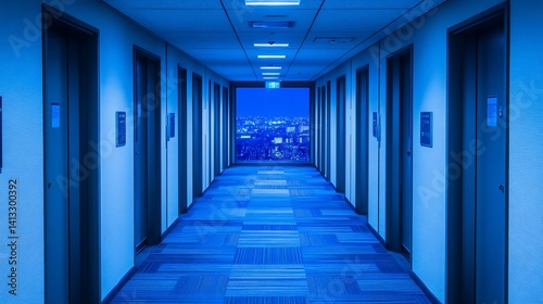 Empty office corridor at night, city view
