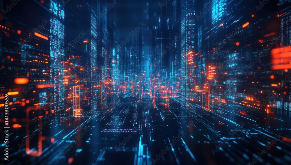 Abstract digital cityscape with blue and orange glowing lines and shapes. Abstract digital cityscape with blue and orange glowing lines and shapes.