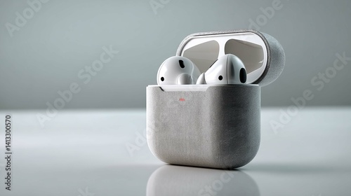 Modern wireless earbuds in their textured case against a soft-lit, minimal background.