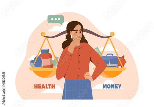 Woman standing in front of balancing scales with health products on one side and money items on the other, flat style on abstract background. Concept of life choices. Vector illustration