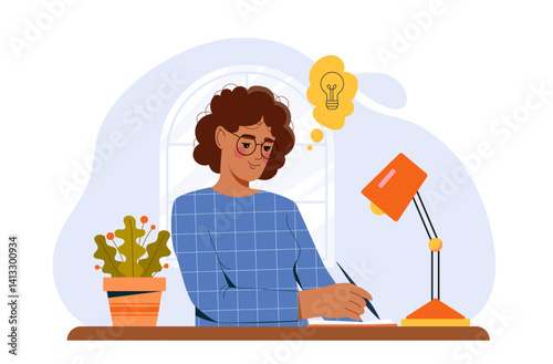 Woman with curly hair and glasses writing at desk, idea bulb above her head, indoor workspace scene, flat graphic style on white background. Concept of creativity. Vector illustration