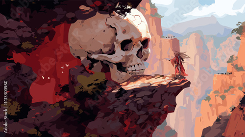 Massive skull rock formation overlooking canyon with mysterious figure flat vector illustration