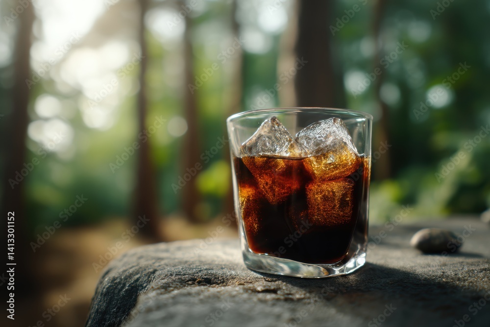 Refreshing Cold Brew Coffee with Ice Cubes in a Glass Against a Forest Background