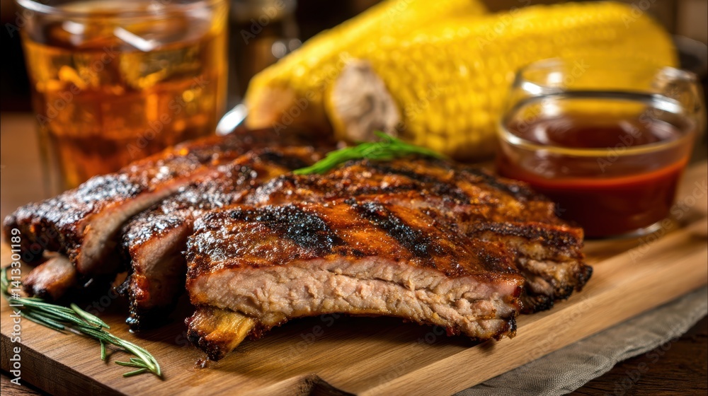 Juicy Grilled Ribs with Barbecue Sauce, Corn, and Iced Tea on Rustic Wooden Platter