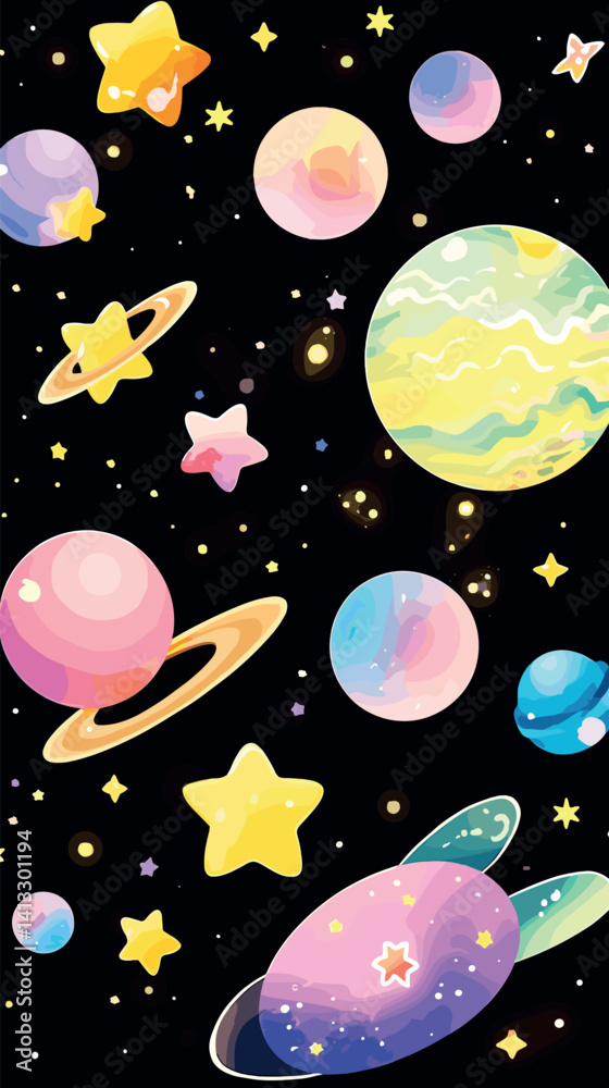 Colorful planets and stars in a cartoon space scene flat vector illustration